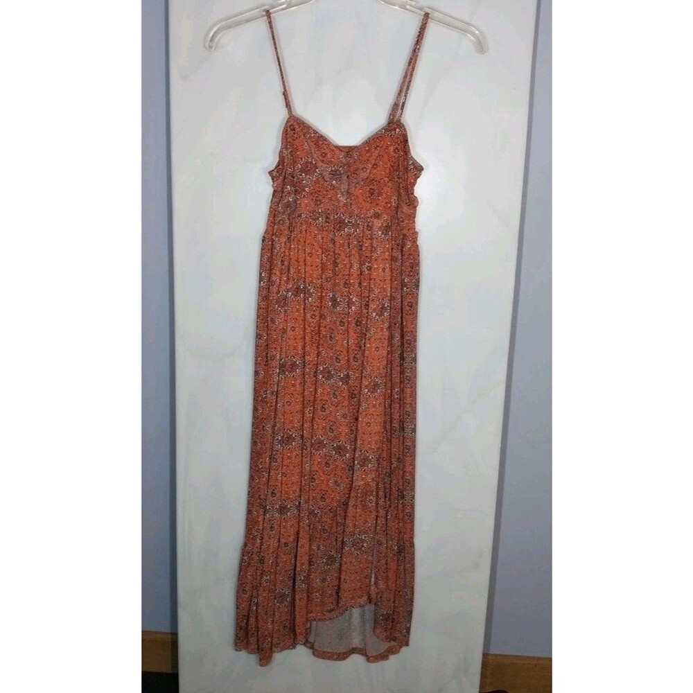 Maurices M Rust Geometric Print Boho Maxi Dress Smocked Back Asymmetrical Hem